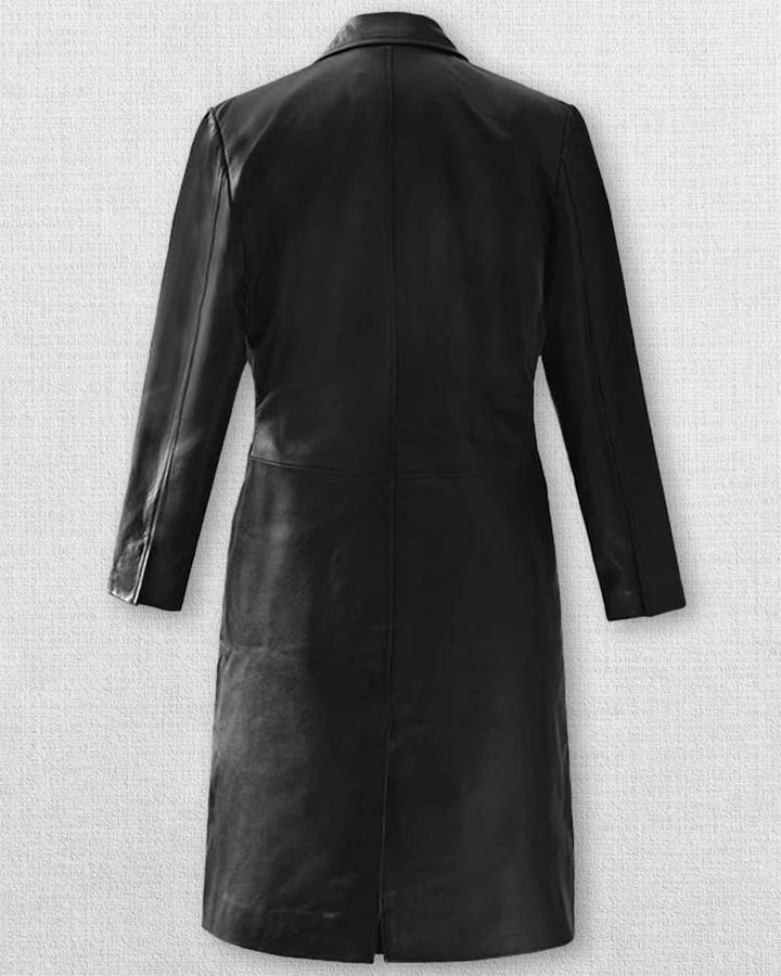 Elegant black leather coat inspired by Margot Robbie’s character in The Wolf of Wall Street.