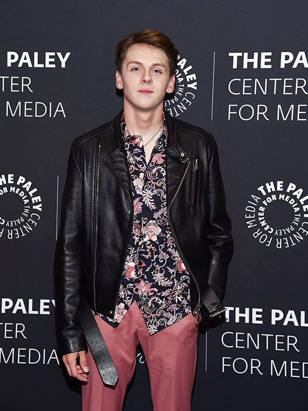 Cobra Kai premiere event Jacob Bertrand stylish leather jacket in American style