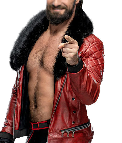 Iconic Seth Rollins Faux Shearling Collar Black Leather Jacket from WWE in USA