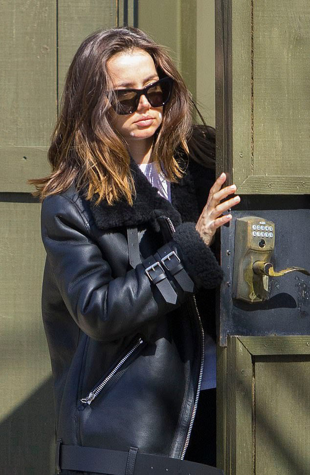 Fashion-forward Ana de Armas leather jacket with fur accents in American style