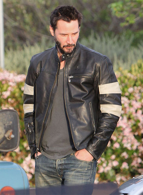 Keanu Reeves wearing black motorcycle leather jacket in USA