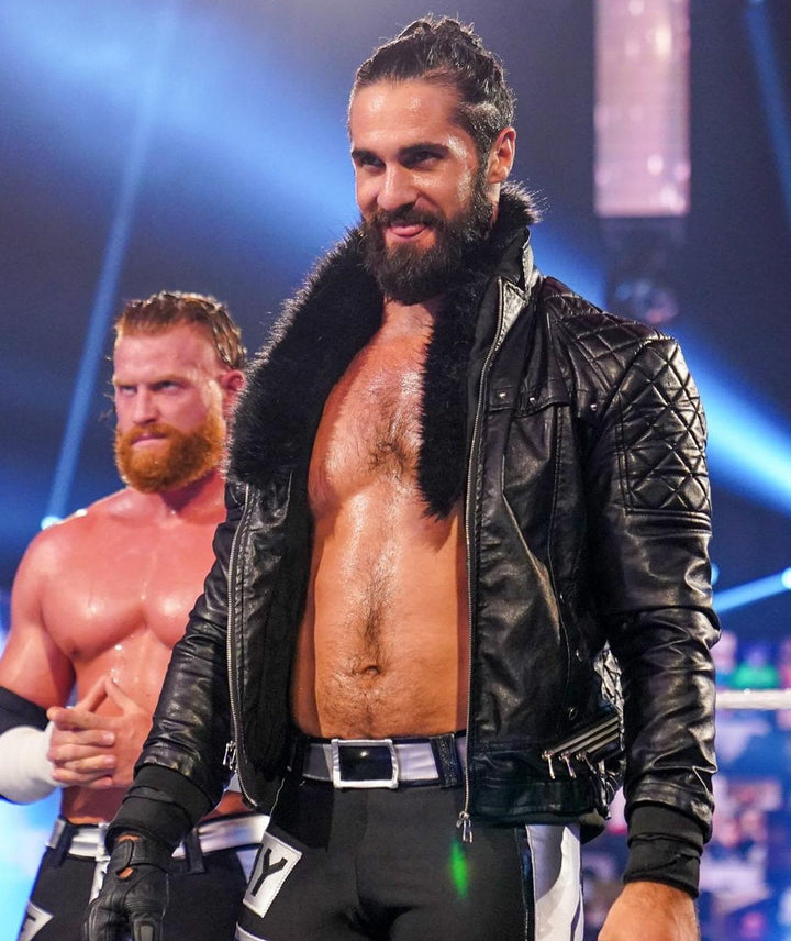 Authentic WWE Seth Rollins Black Leather Jacket with Faux Shearling Collar in USA