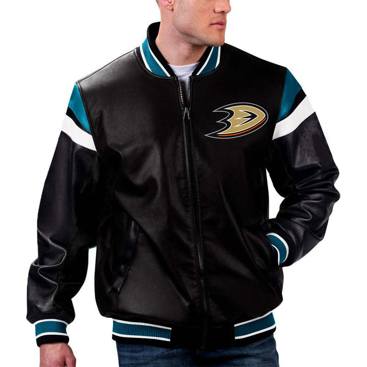 TJS NHL Jacket in Black Leather with Anaheim Ducks Logo in France style