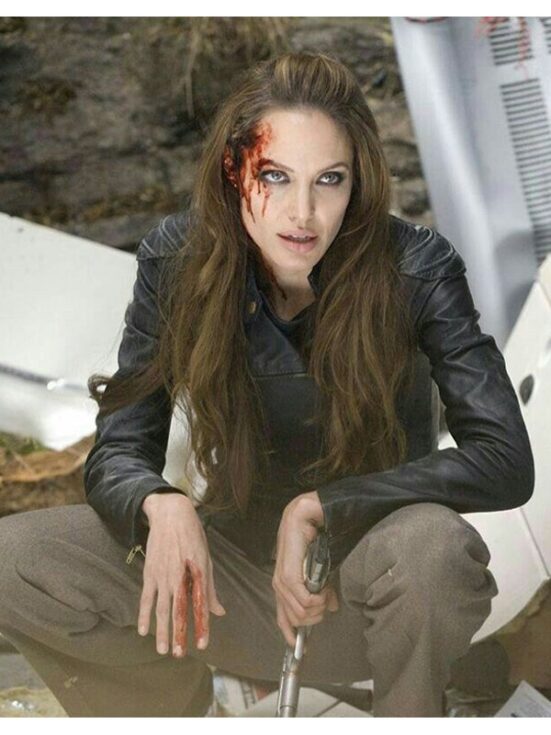 Chic leather jacket as seen on Angelina Jolie in Eternals in France style