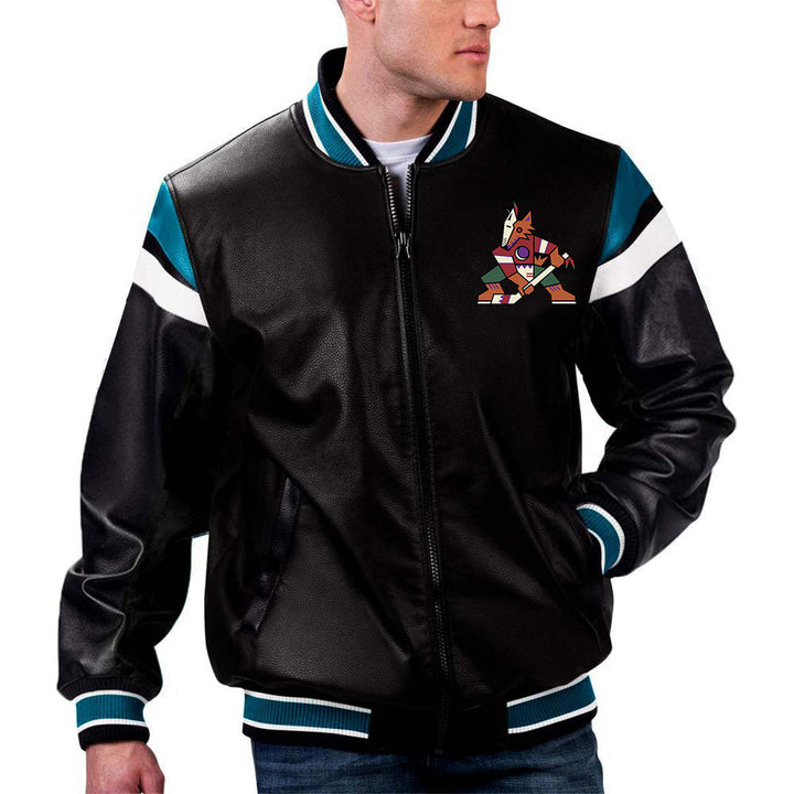 TJS NHL Jacket in Leather Featuring Arizona Coyotes in Black in France style