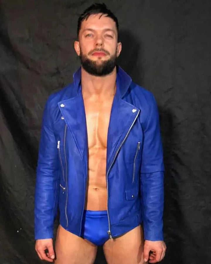 Iconic WWE Finn Balor Blue Leather Jacket for Men in American Market