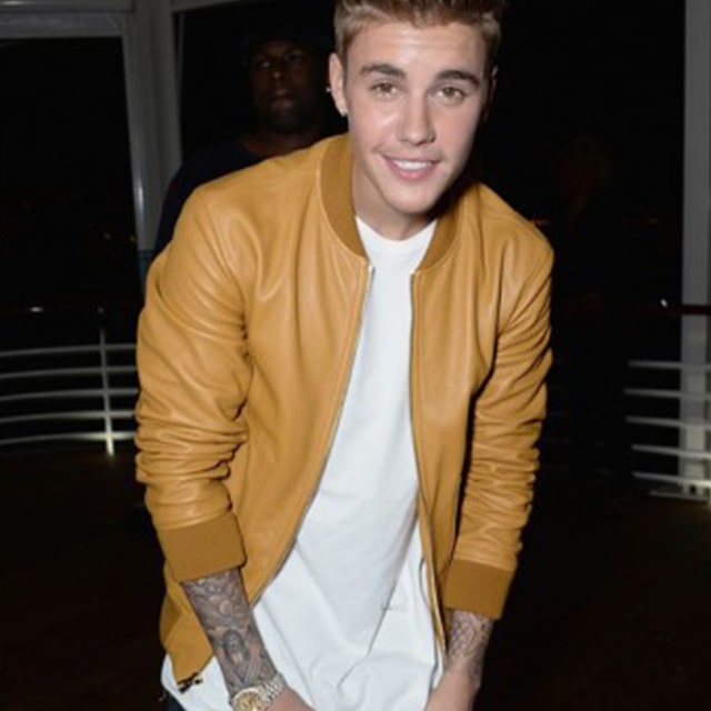 Justin Bieber black bomber leather jacket front view in USA