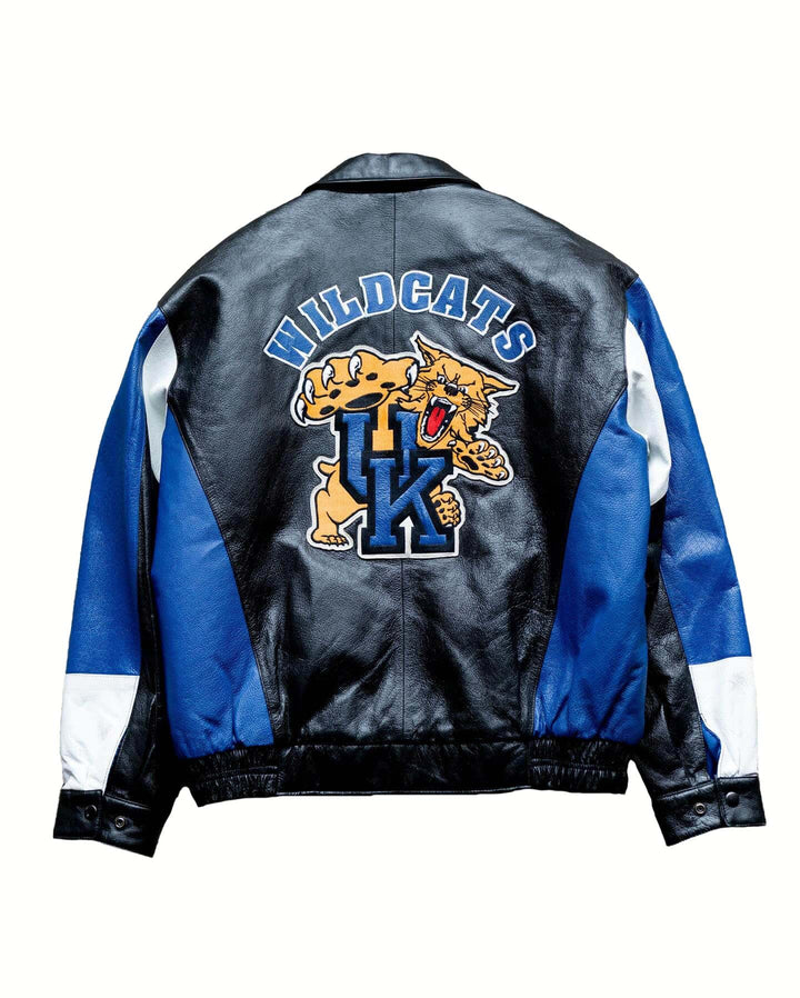 NCAA Kentucky Wildcats Black and Blue Varsity Leather Jacket – Bomber Style for Men & Women Back View