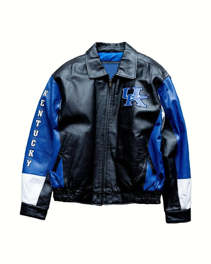 NCAA Kentucky Wildcats Black and Blue Varsity Leather Jacket – Bomber Style for Men & Women Front View