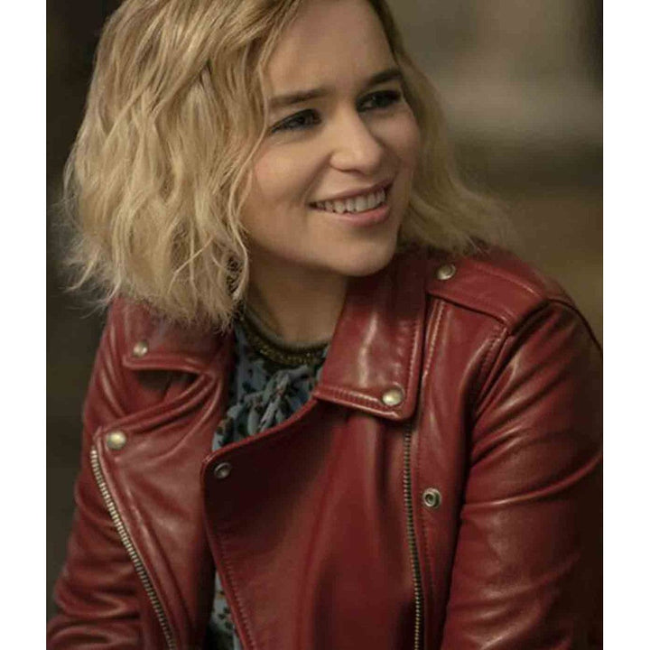 Emilia Clarke red leather jacket from Last Christmas movie in American style