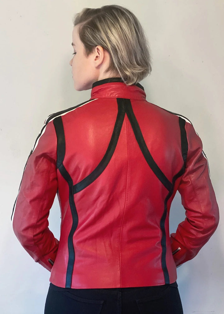 Women's Kobra Kid Red Leather Jacket back view in United state market