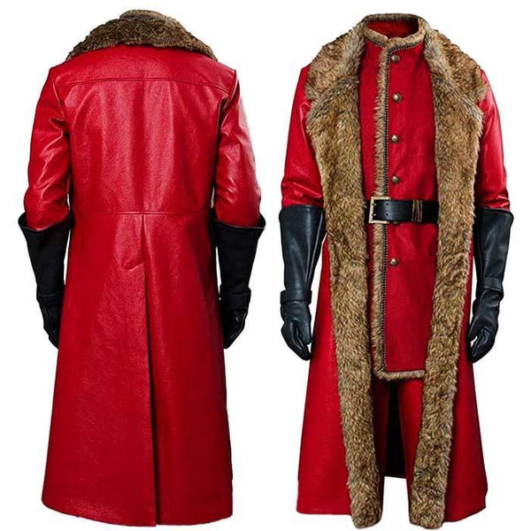 Men's Red Leather & Faux Fur Trim Long Coat - Without Gloves and Lower