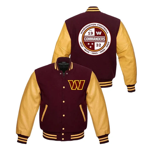 Red and gold Washington Commanders letterman jacket with ribbed cuffs in USA