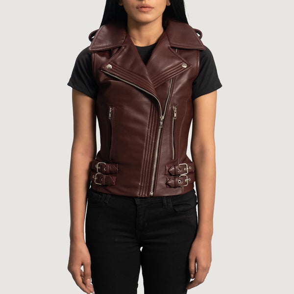 Women Maroon Leather Biker Vest front view in USA