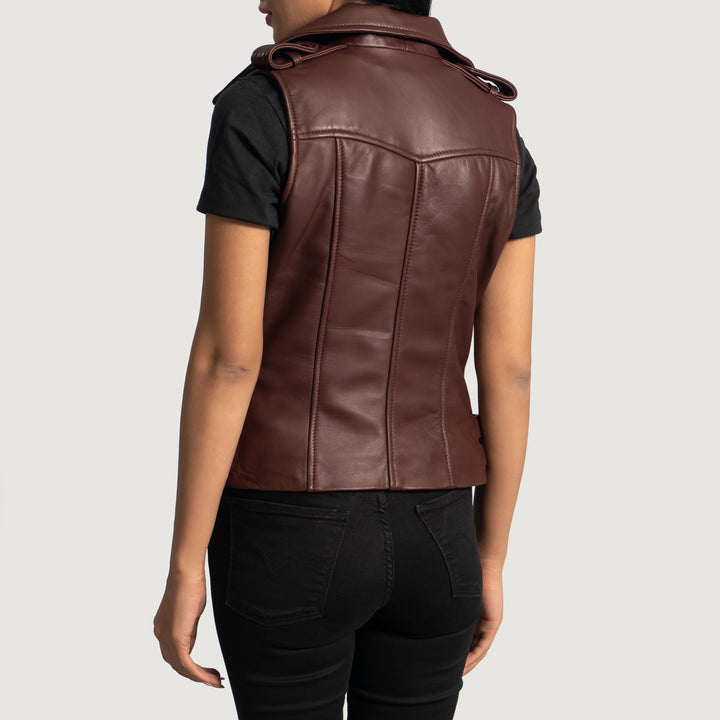 Women Maroon Leather Biker Vest back view in France style