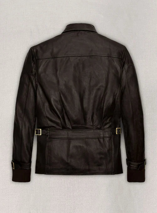 Chic leather jacket embodying Aaron Eckhart's rugged charm