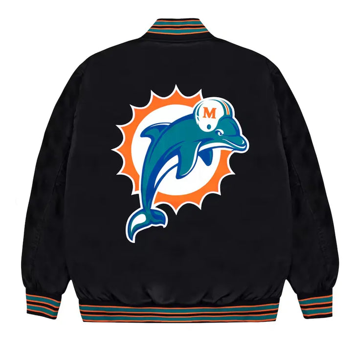 Black bomber jacket with aqua and orange ribbed cuffs for Dolphins fans in USA