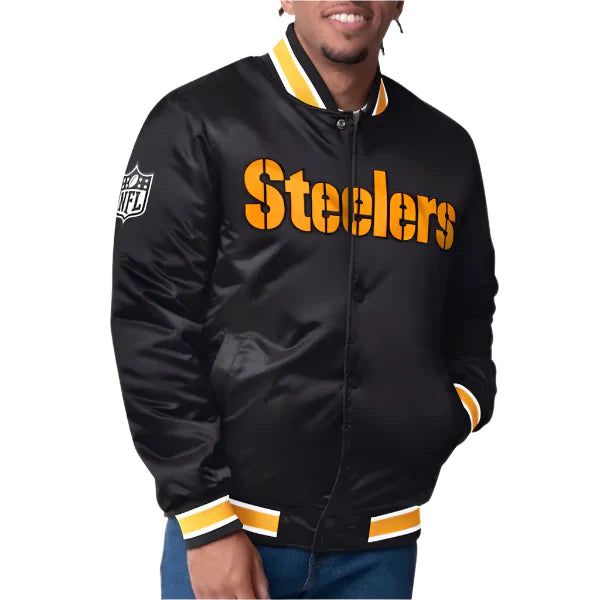 Pittsburgh Steelers closer black satin jacket front view in USA