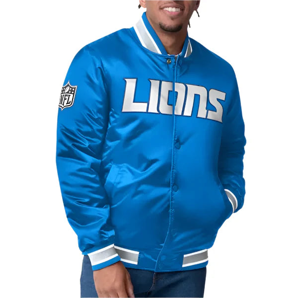Detroit Lions closer blue satin jacket front view in USA