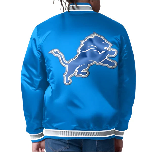 Shiny blue satin Lions jacket with team logo in USA