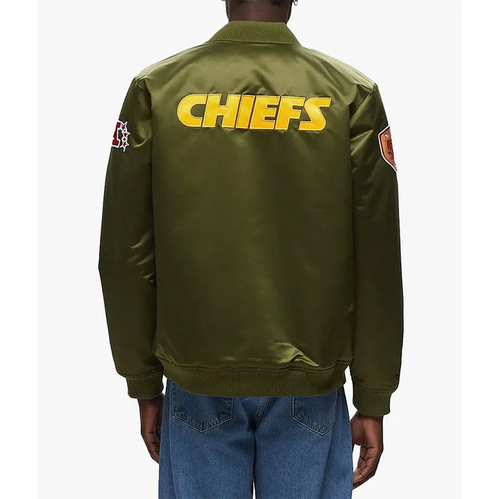 Red satin varsity jacket for Kansas City Chiefs fans in USA