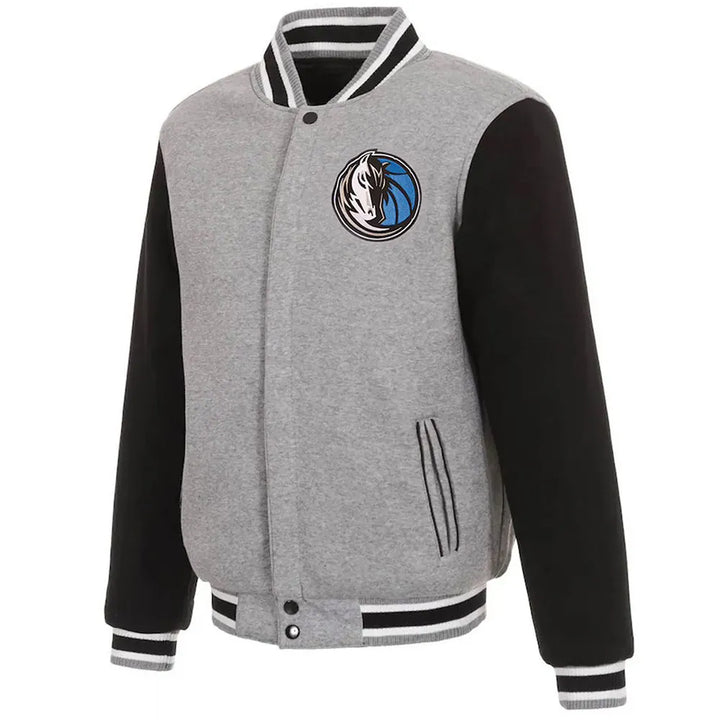 Front View NBA Dallas Mavericks Gray and Black Varsity Wool Jacket