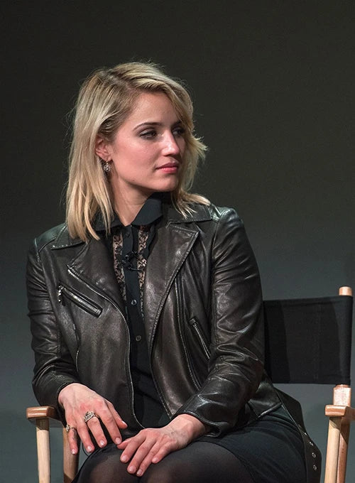 Dianna Agron leather jacket with zipper details in American style