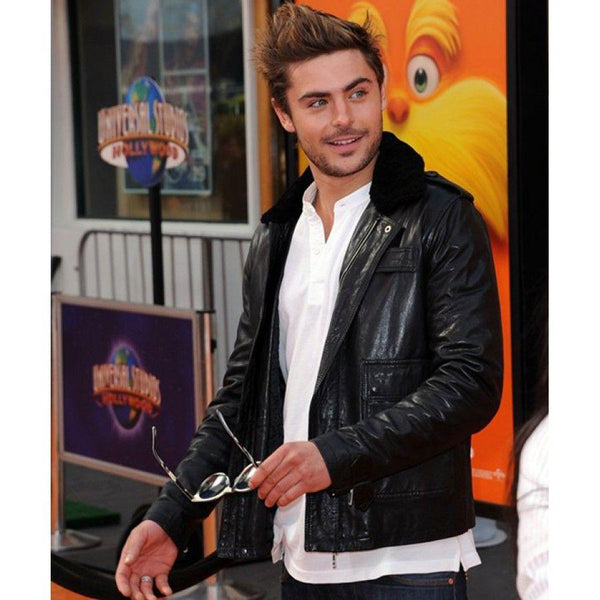 Zac Efron Black Leather Jacket with Faux Fur Collar in USA