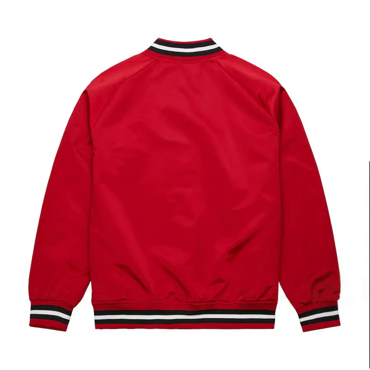 Back view  NBA Chicago Bulls Mitchell & Ness Red Hardwood Classics Throwback Wordmark Raglan Full-Snap Jacket