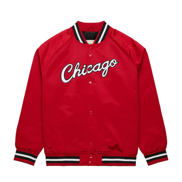 front view  NBA Chicago Bulls Mitchell & Ness Red Hardwood Classics Throwback Wordmark Raglan Full-Snap Jacket