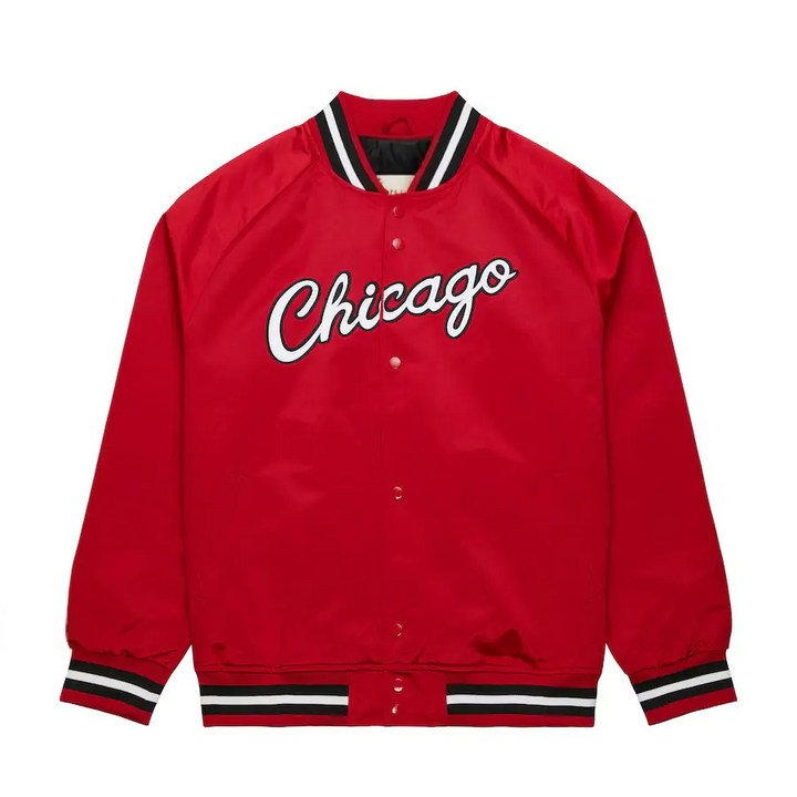 front view  NBA Chicago Bulls Mitchell & Ness Red Hardwood Classics Throwback Wordmark Raglan Full-Snap Jacket