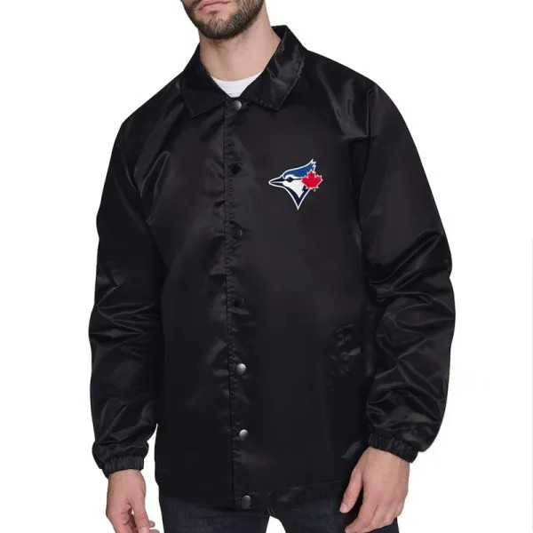Black jacket with a logo on the chest against a white background