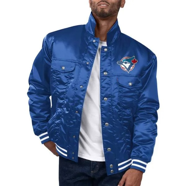 Man wearing a blue jacket with a logo on a white background
