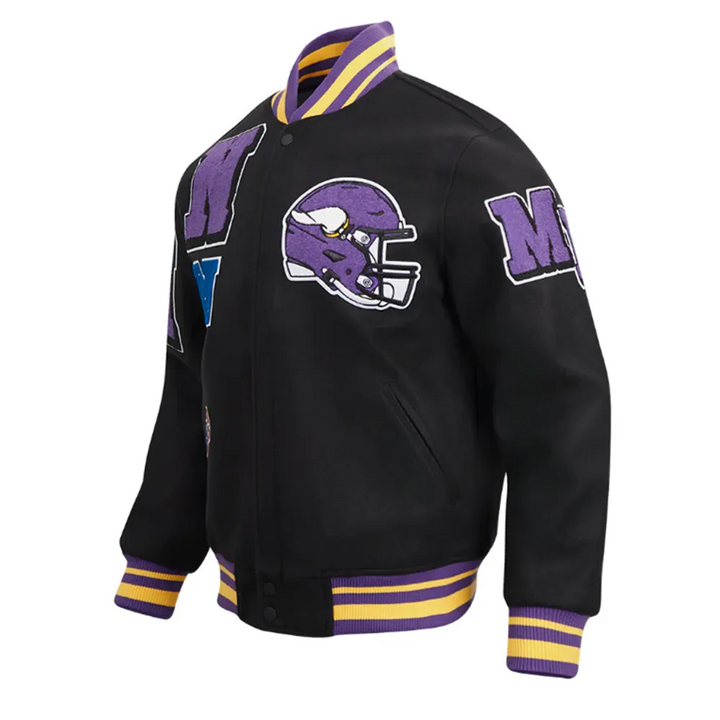 Classic Minnesota Vikings varsity jacket with patch details in USA