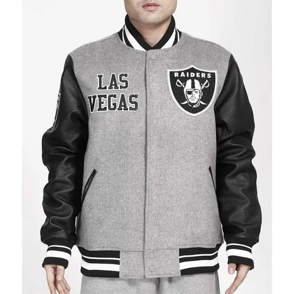Gray and black Las Vegas Raiders varsity jacket

