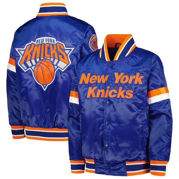Shop NBA Youth New York Knicks Blue Home Game Varsity Satin Full-Snap Jacket