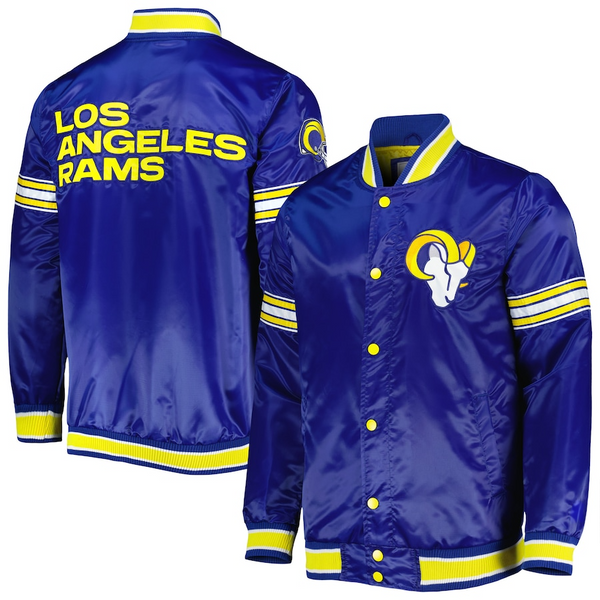 Shop LA Rams Throwback Warm Up Pitch Blue Varsity Satin Jacket