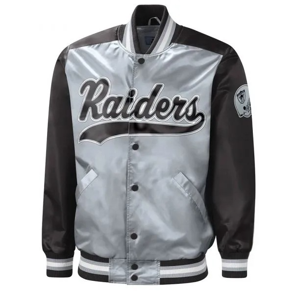 Black and gray Raiders varsity jacket

