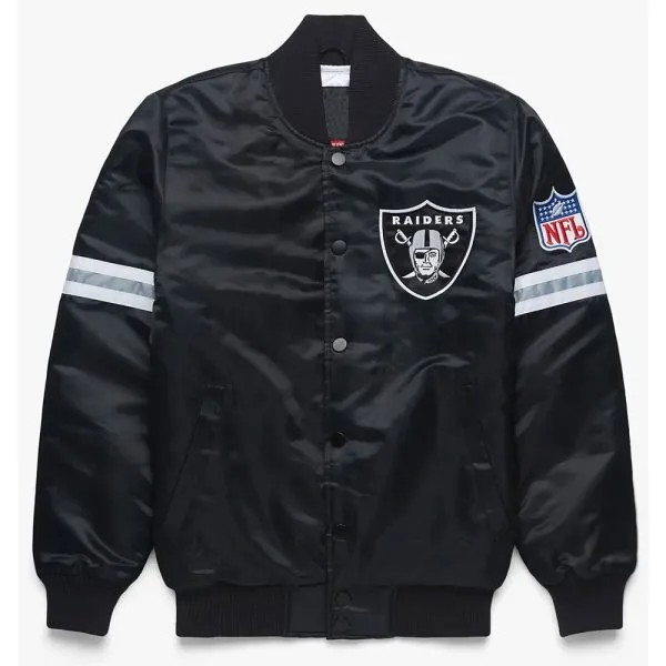 Black satin Raiders jacket with stripes

