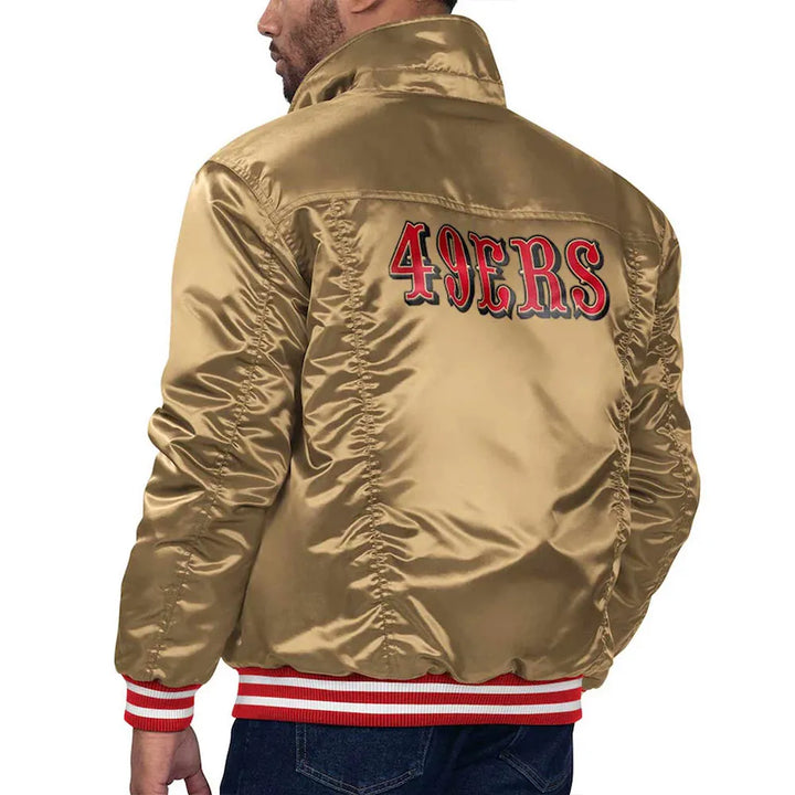 Shiny satin jacket with San Francisco 49ers logo and design in USA