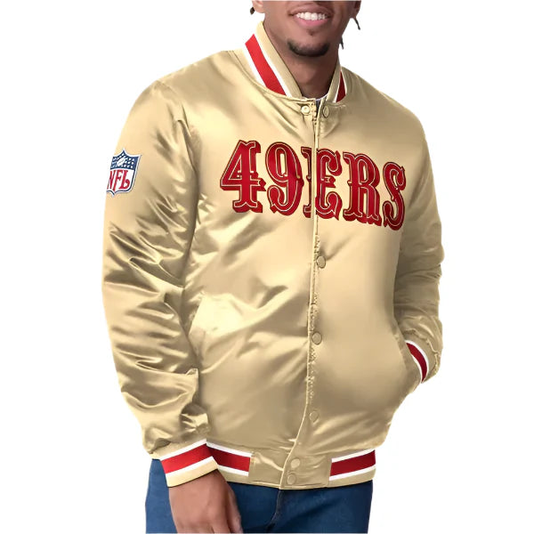 San Francisco 49ers closer gold satin jacket front view in USA