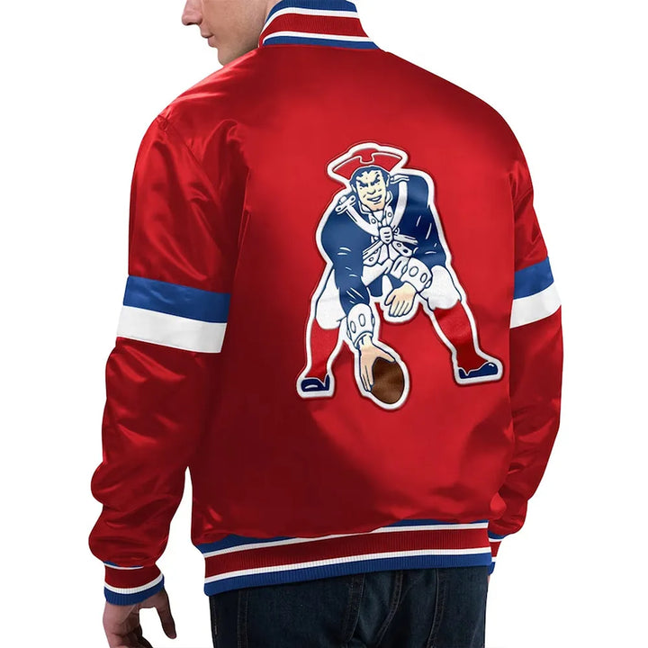 Shiny satin varsity jacket with New England Patriots logo in USA
