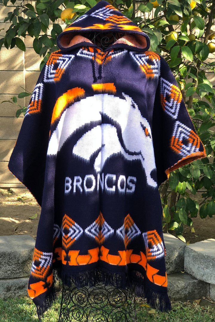 Hooded blanket with Broncos logo and tribal patterns on a natural background