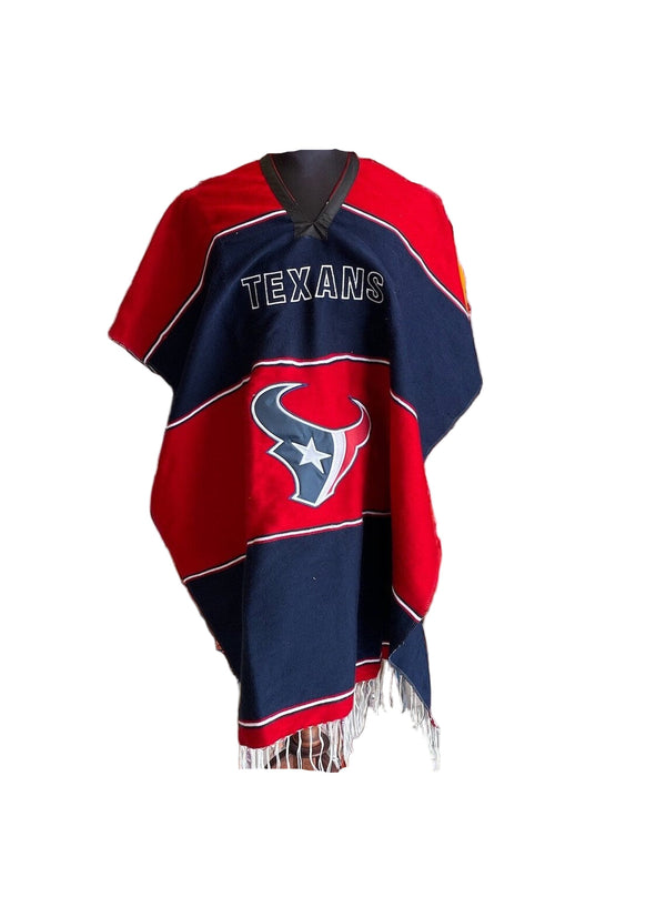 Houston Texans-themed poncho with red and blue colors on a white background