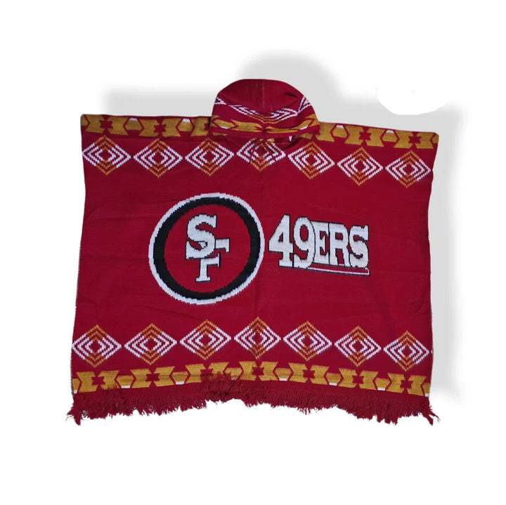 Red poncho with San Francisco 49ers logo on a white background