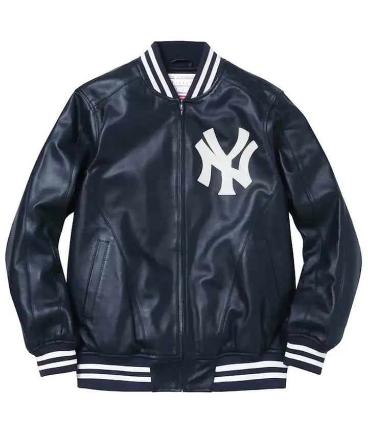 Front View Supreme NY Yankees Navy Leather Varsity Jacket