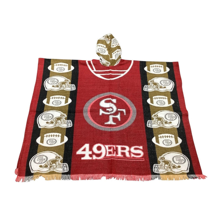 San Francisco 49ers hooded blanket with logo and team colors on a white background
