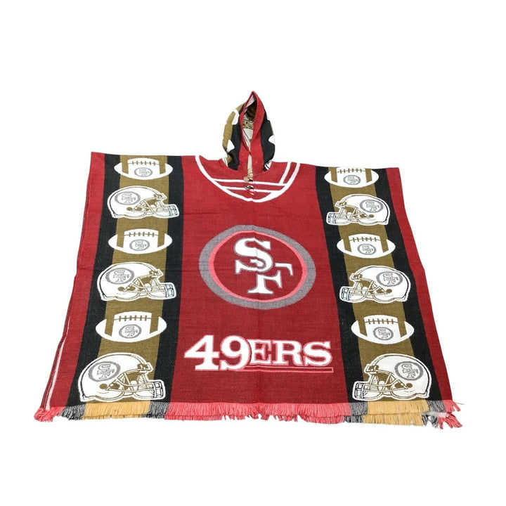 San Francisco 49ers-themed poncho with logo and text on a white background