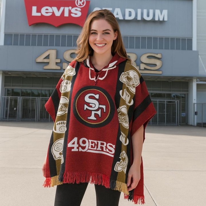 Person wearing a San Francisco 49ers scarf in front of Levi's Stadium
