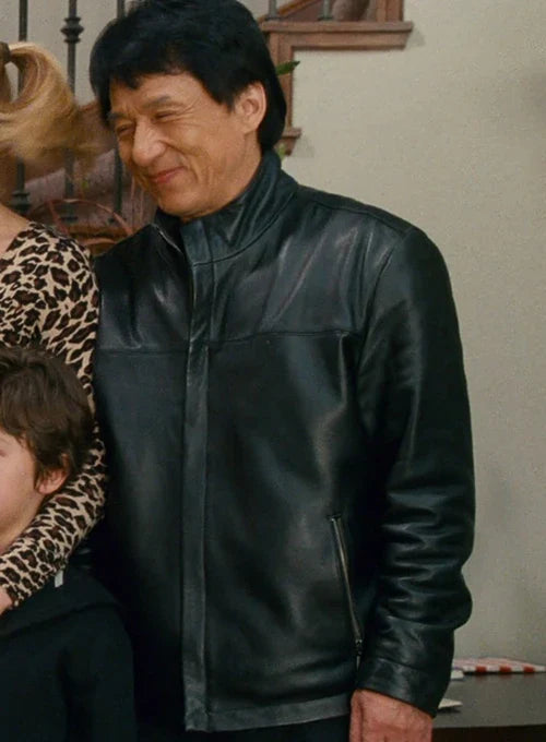 Sleek black leather jacket inspired by Jackie Chan

